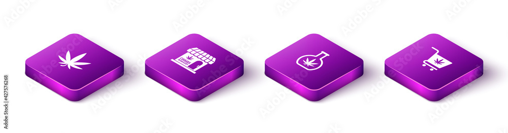 Set Isometric Marijuana or cannabis leaf, and store, Test tube with marijuana and Shopping cart icon. Vector Set Isometric Marijuana or cannabis leaf, and store, Test tube with marijuana and Shopping cart icon. Vector