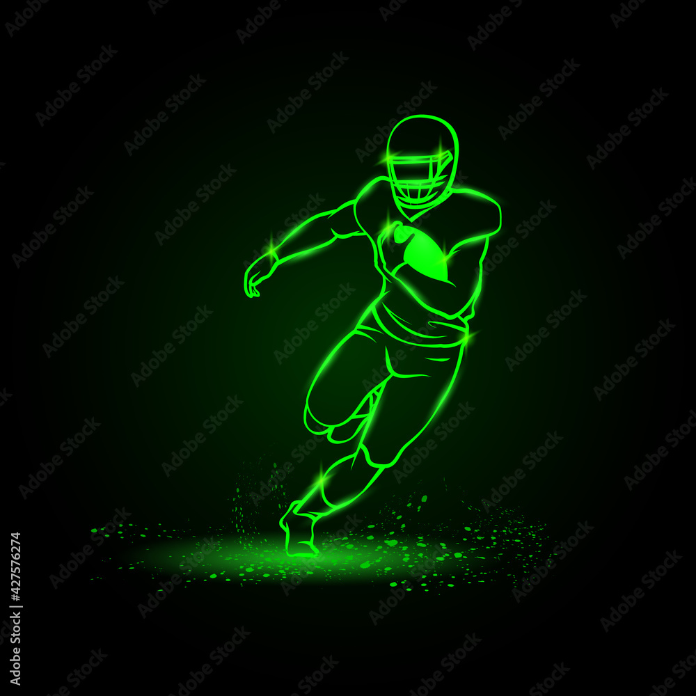 American football player runs away with the ball. Green Neon American football Sports Vector Illustration.