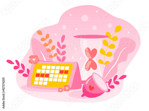 vector hand drawn illustration - female hygiene items for menstruation period - calendar, menstrual cup and flowers. trandy flat illustration for websites, applications, magazines