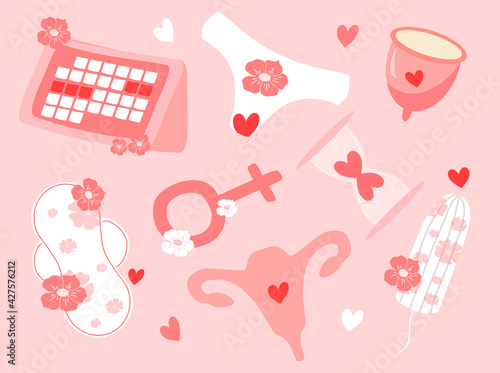 Menstrual period vector illustrations. Set of hand drawn images: menstrual cups, tampon, pads, panties, hearts. Female hygiene product. Isolated item stickers