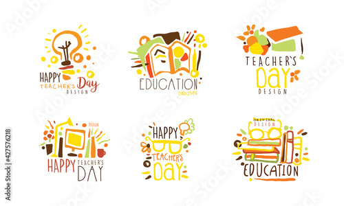 Happy Teachers Day Logo Design Collection  Education Colorful Hand Drawn Badges Vector Illustration
