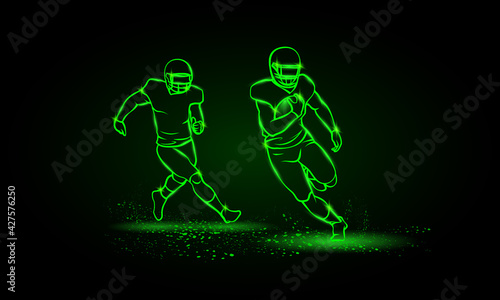 American football players. Runaway player with ball and the catching player behind. Green Neon American football Sports Vector Illustration.