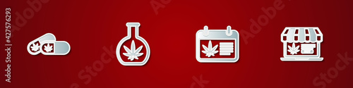 Set Medical pills with marijuana, Test tube, Calendar and and Online buying icon. Vector