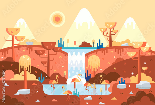 Vector cartoon 2d illustration in flat cartoon stile - panorama with pink flamingos on the lake, african landscape.  © Анастасия Виноградов