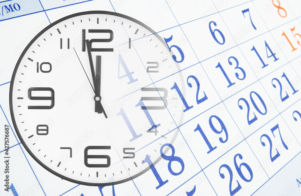 Collage with clock and calendar page. Time and planning concept. Collage with clock and calendar page. Time and planning concept.