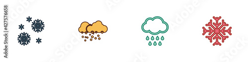 Set Snow, Cloud with snow, rain and Snowflake icon. Vector