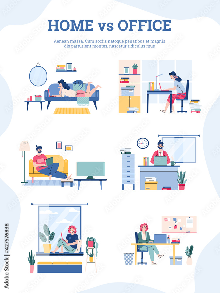 Office work and from home compare banner, flat cartoon vector illustration. Office work and from home compare banner, flat cartoon vector illustration.