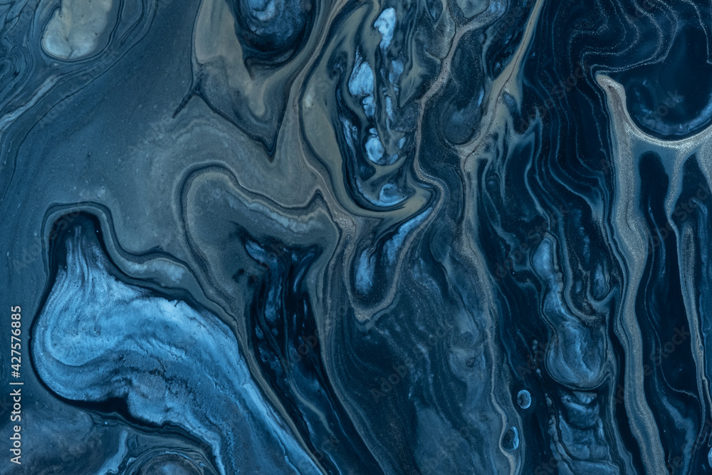 Obraz premium Abstract fluid art background navy blue colors. Acrylic painting on canvas with sapphire gradient and splash.