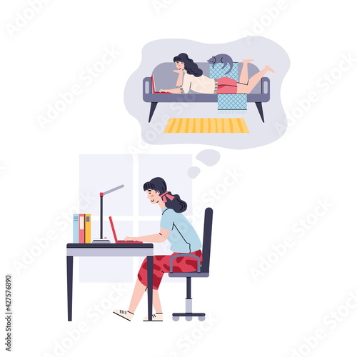 Woman working at workplace in business office dreaming freelance work in home