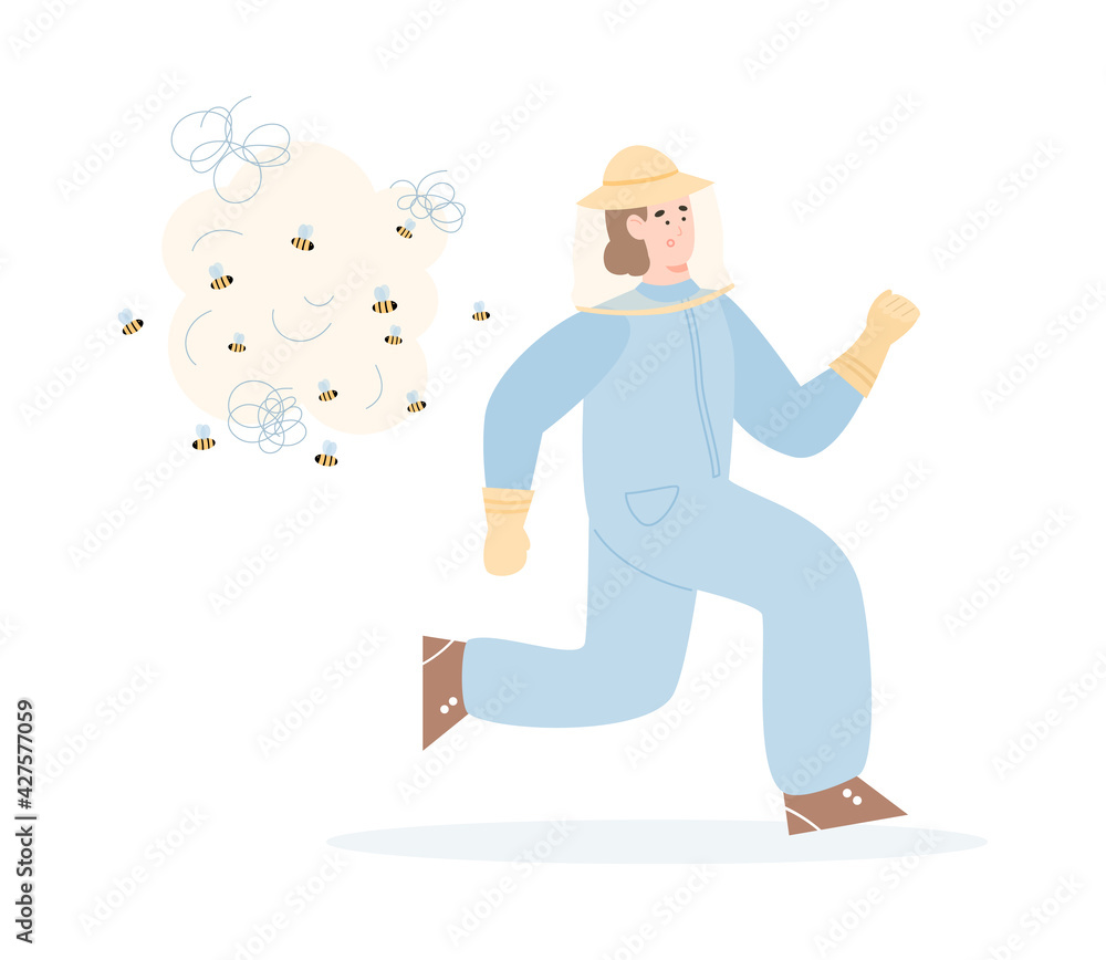 Beekeeper or hiver fleeing from the bees flat vector illustration isolated.