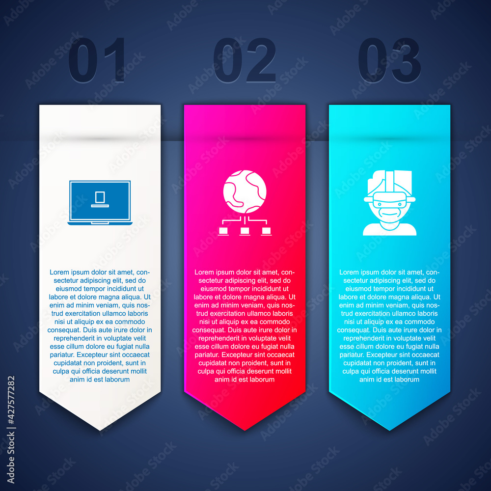 Set Laptop, Computer network and Virtual reality glasses. Business infographic template. Vector