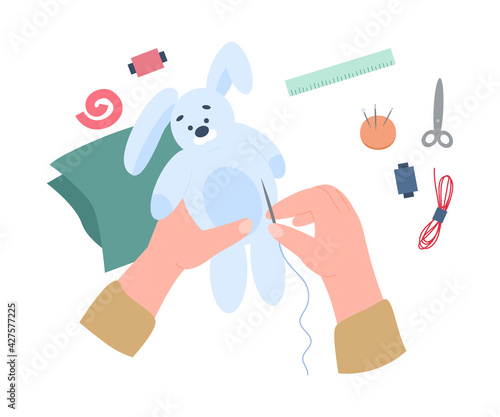 Art craft workshop of hobby or leisure sewing soft toy a vector illustration.