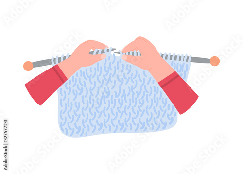 Hands knitting with needles and yarn flat vector illustration isolated on white.