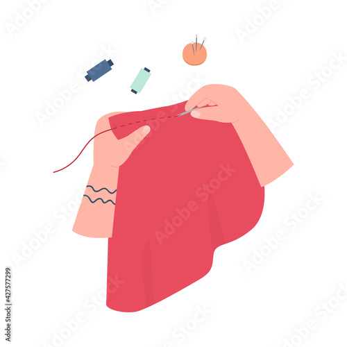 Hands sewing with hand needle flat vector illustration isolated on white.
