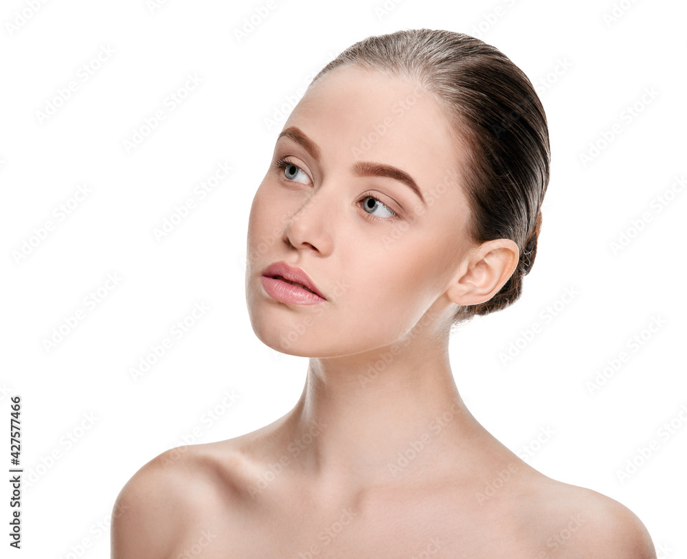 portrait of natural young girl with clean facial skin on white background, image for skin care products, girl health solutions portrait of natural young girl with clean facial skin on white background, image for skin care products, girl health solutions