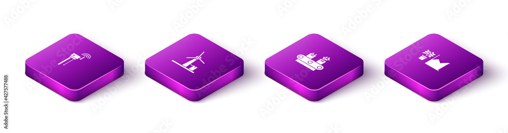 Set Isometric Router and wi-fi signal, Wind turbine, Conveyor belt with box and Flower statistics icon. Vector Set Isometric Router and wi-fi signal, Wind turbine, Conveyor belt with box and Flower statistics icon. Vector