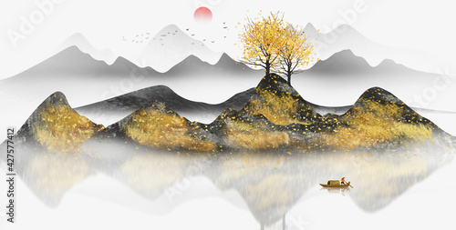 Hand painted Chinese style golden Abstract landscape painting photo