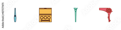 Set Nail file, Eye shadow palette, Makeup brush and Hair dryer icon. Vector