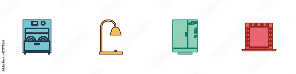 Set Kitchen dishwasher machine, Table lamp, Shower cabin and Makeup mirror with lights icon. Vector Set Kitchen dishwasher machine, Table lamp, Shower cabin and Makeup mirror with lights icon. Vector