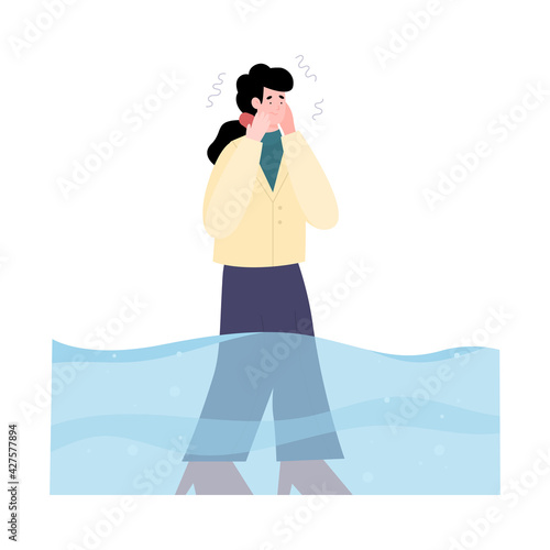Frightened young woman afraid water, suffering mental disorder hydrophobia.