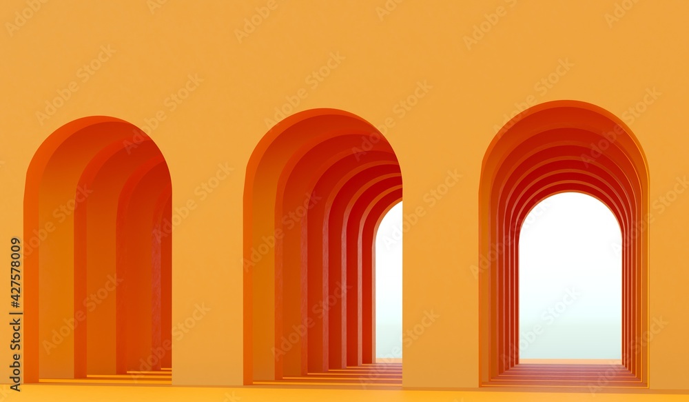 Yellow arcade, arc with copy space. Bright color background. 80s 70s 60s vibe - 3d rendering. Architectural construction for bright summer advertisement. Empty space for goods. Yellow arcade, arc with copy space. Bright color background. 80s 70s 60s vibe - 3d rendering. Architectural construction for bright summer advertisement. Empty space for goods.