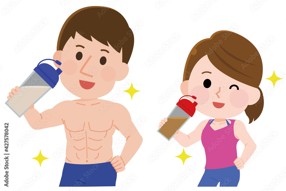 プロテインを飲む筋肉が美しい男女　イラスト