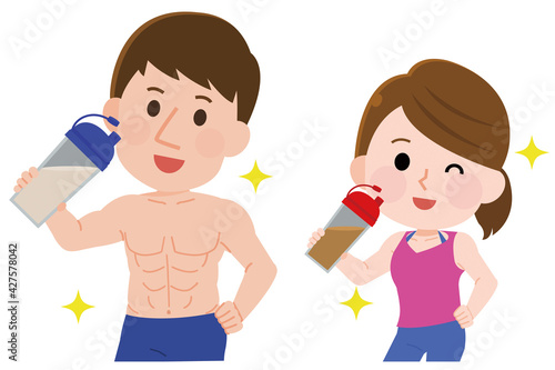 プロテインを飲む筋肉が美しい男女　イラスト
