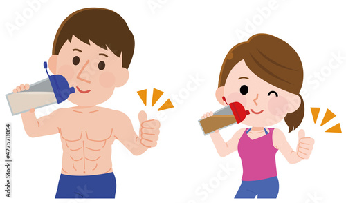 プロテインを飲む筋肉が美しい男女　美味しい　イラスト