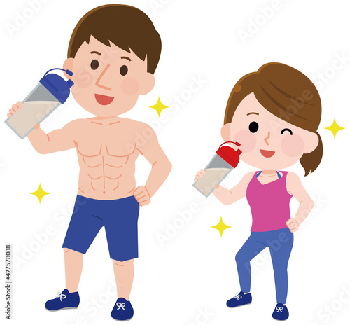 プロテインを飲む筋肉が美しい男女　全身　イラスト