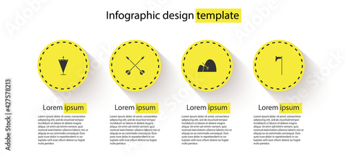 Set Medieval flag, crossed arrows, Bale of hay and rake and axe. Business infographic template. Vector