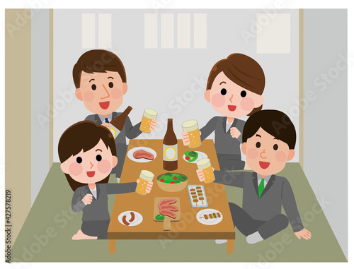 居酒屋で飲み会をする会社員男女　背景あり　イラスト