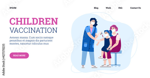 Website template with doctor vaccinates a child, cartoon vector illustration.