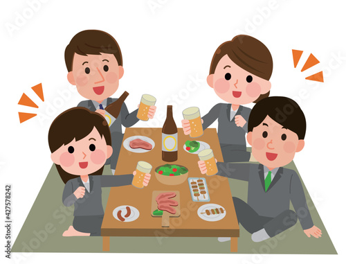 居酒屋で飲み会をする会社員男女　イラスト