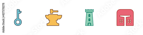 Set Old key, Anvil for blacksmithing hammer, Castle tower and Medieval iron helmet icon. Vector