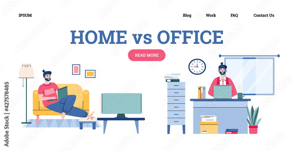 Working in office against work from home banner, cartoon vector  illustration. Stock-Vektorgrafik | Adobe Stock