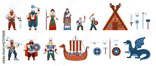 Viking fairy tales characters and items set, flat vector illustration isolated.