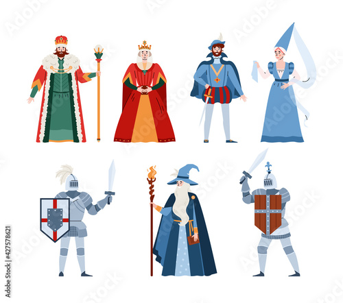 Middle ages fairy tale people characters, flat vector illustration isolated.