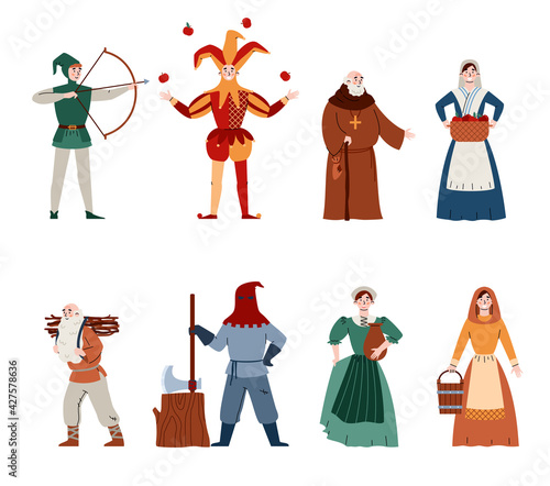 Middle Ages town and country different people flat vector illustration isolated.