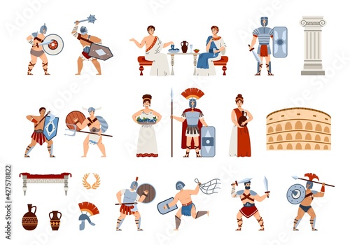 Ancient Rome citizens and culture symbols, cartoon vector illustration isolated.