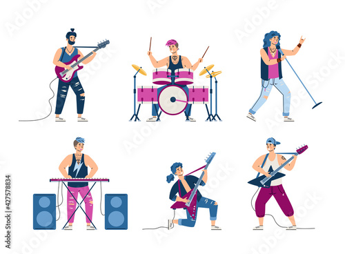 Rock musicians playing musical instruments, flat vector illustration isolated.