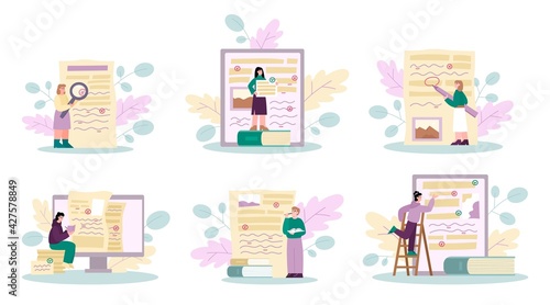 Document revision and grammar editor set, cartoon vector illustration isolated.