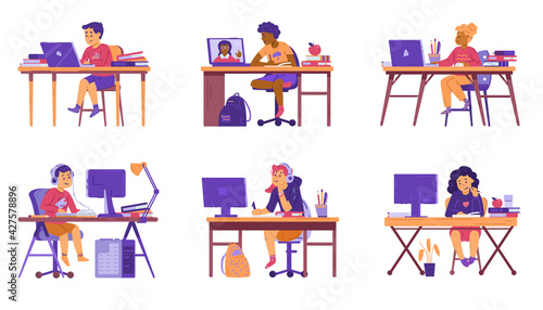 Children with laptop or computer study in online school using internet technology