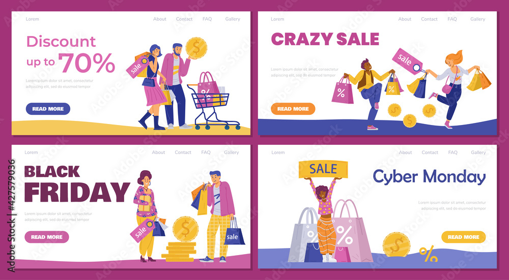 Sale and discount web banners set with happy buyers, flat vector illustration. Sale and discount web banners set with happy buyers, flat vector illustration.