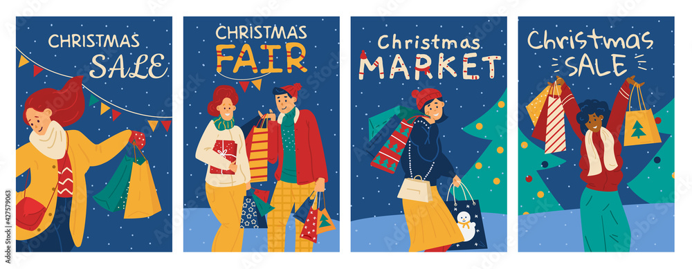 Banners for Christmas sales and festive marketplaces, flat vector illustration.