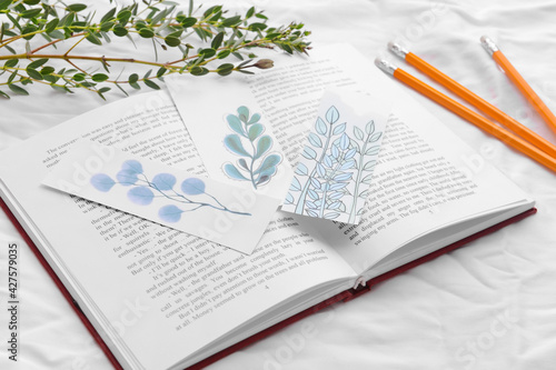 Book, pencils, branch and b...
