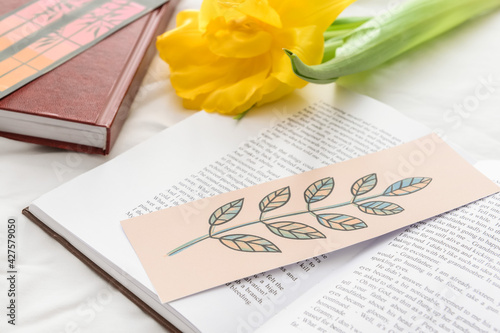 Books with bookmarks and fl...