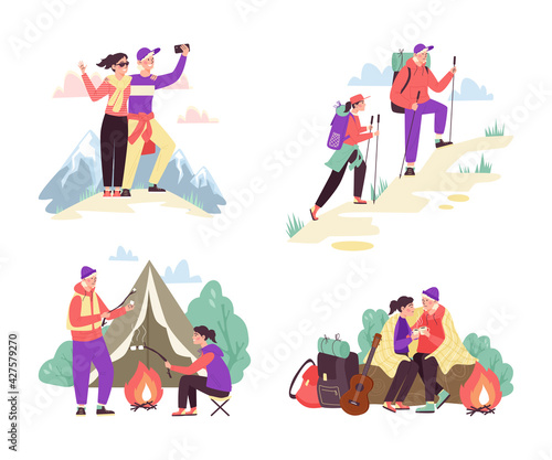 Outdoor recreation set with hiking couples, flat vector illustration isolated.