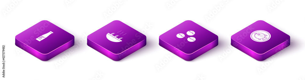 Set Isometric Sauce bottle, Soup with shrimps, Takoyaki and Puffer fish on plate icon. Vector Set Isometric Sauce bottle, Soup with shrimps, Takoyaki and Puffer fish on plate icon. Vector
