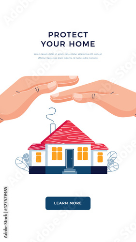 Protect your home banner. Male hands are protecting the house. Home safety security  real estate protection  Property insurance concept for web  email. Modern flat design  cartoon vector illustration