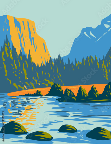 WPA Poster Art of the Voyageurs National Park located in northern Minnesota near the Canadian border done in works project administration style or federal art project style. photo